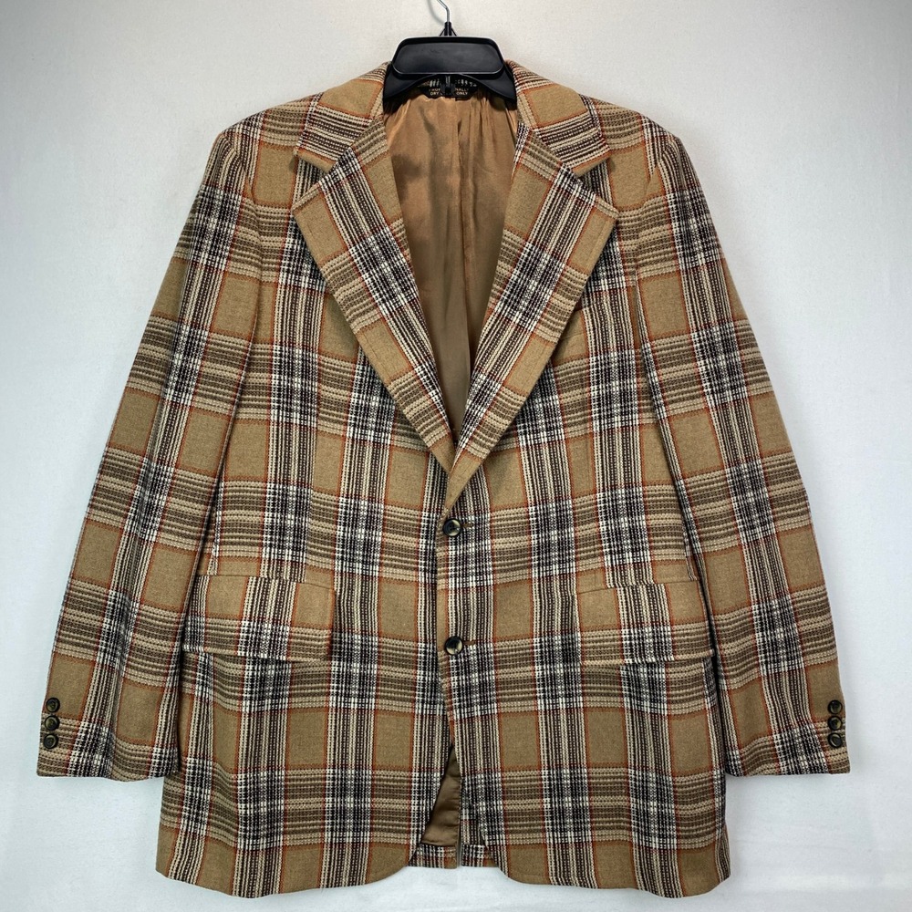 VTG The Fieldston Sport Coat Mens 42R Tan Brown Burberry Check 2-Button Blazer